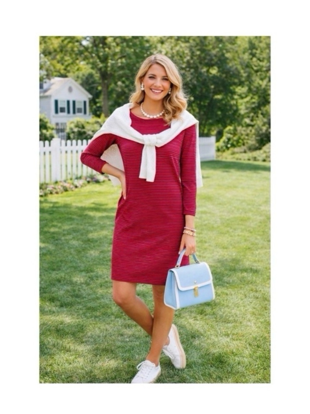 VINEYARD VINES Red and Navy Blue Striped Sankaty Long Sleeve Dress Size XL - Picture 2 of 6